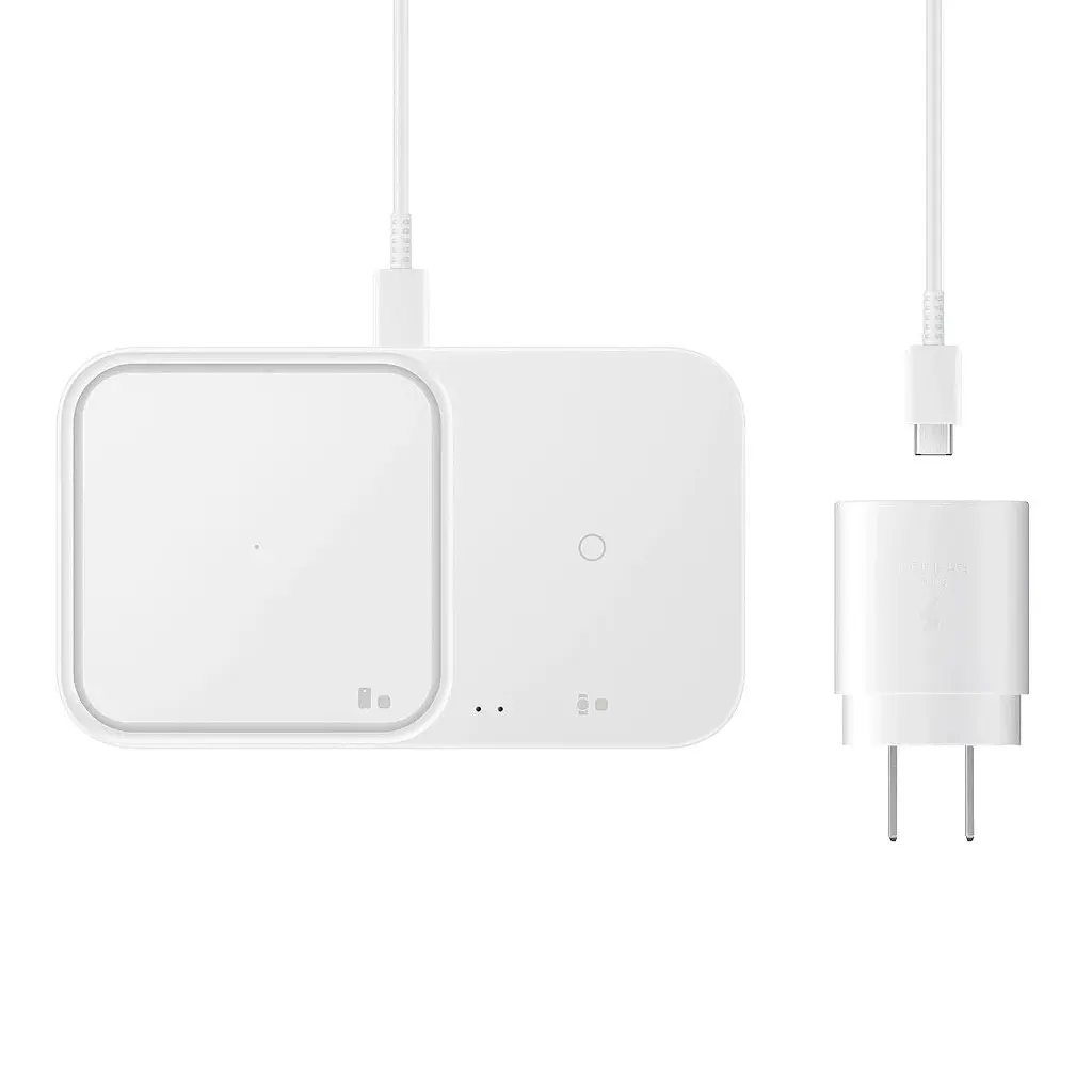 Samsung 15W Super Fast Wireless Charger DUO Pad with Travel Adapter - White - 2 in 1 Stand for Galaxy S23 S22 Ultra, Android Phones, Buds, Smart Watch