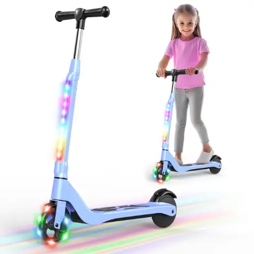 Lightweight Electric Scooter for Kids, Max Speed ​​10KM/H and 4-6KM, LED Screen Colorful Lights Adjustable Height-Blue 